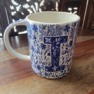 Anthropologie Folk Song Monogram Mug "I" Blue Floral
